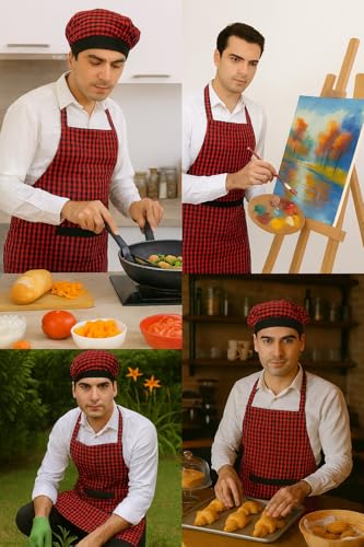 Image of Switchon Checkered Cotton Kitchen Cooking Apron with Chef Hat - Pack of 2 | Multi-Purpose Chef & Waiter Apron for Men & Women | Home, Hotels, Restaurants & Cafes | Proudly Made in India