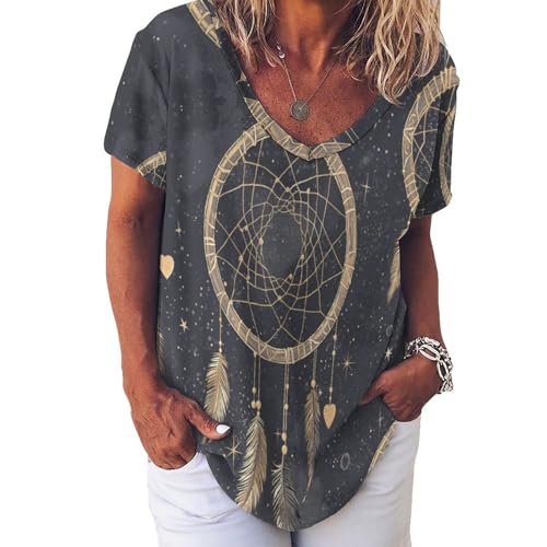 Chemisiers femme à manches courtes attrape-rêves blouse constellation gris anthracite col en V