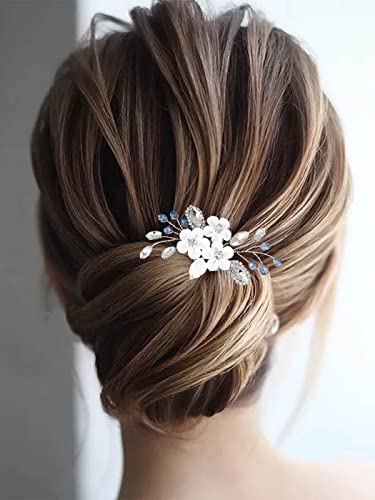 Catery Flower Bride Wedding Hair Comb Silver Small Side Comb Blue Crystal Bridal Hair Piece Hair Jewelry Bridal Hair Accessories For Women And Girls #TOP3