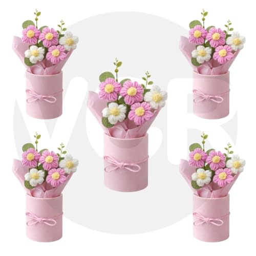 Image of VCR Handmade Pink Crochet Bouquet- Pack of 5 - Hand Woven Knitted Artificial Hand Knitted Bouquet Flower for Office Desk, Table, Car, Bedroom, Wedding & Special Occasions