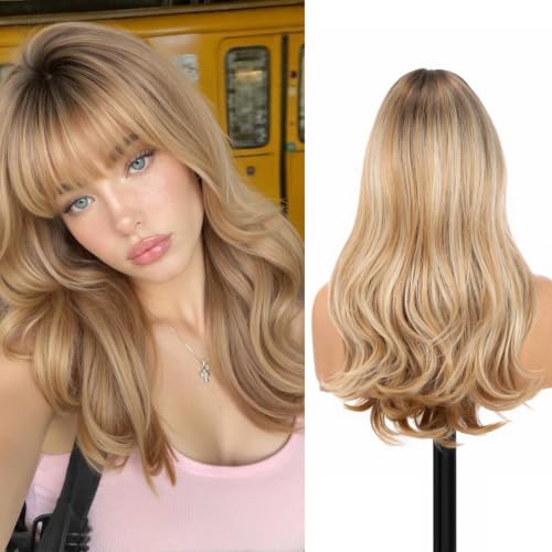 ShineDiary Wigs 20'' Layered wavy Wig With Bangs PuffPro Voluminous High Crown Wigs for Women,3 * 4'' Realistic Scalp and Hairline,Clean Girl Aesthetic/Office Siren(Hazelnut Blonde Balayage)