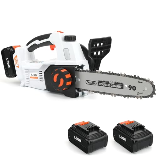 LIGO 20V Cordless Chainsaw, 10 Inch(25.4cm), Brushless Motor, Oregon Bar and Blade Chain, Tool-Free Tensioning, Kickback Protection, with 2 x 4.0Ah Batteries for Tree Cutting, and Wood Sawing
