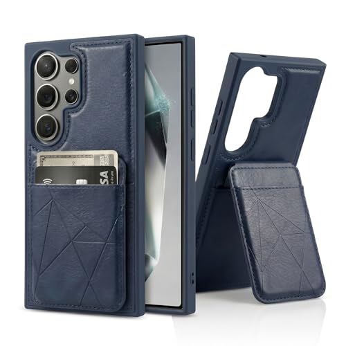 Image of amazon basics Premium Vegan Leather Back Cover with Card Holder and Integrated Mobile Stand for Samsung Galaxy S24 Ultra 5G - Slim Shockproof Wallet Case with Geometric Stitching [Blue]