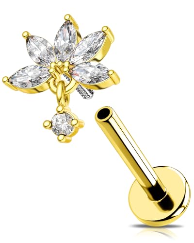 OUFER 16G Gold Lotus Helix Ohrring Tragus-Piercing mit Innengewinde Chirurgenstahl 316L 1 2 mm mit 5 baumelnden runden Zirkonia-Steinen im Marquise-Schliff Conch-Lippenstecker für Damen 6 mm