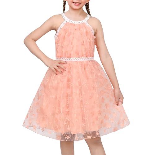 Sunny Fashion Girls Dress Peach 3D Flower Rhinestone Mesh Lace Halter Formal Elegant Age 10 Years