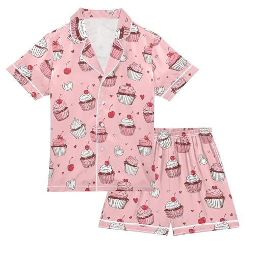 Pink Cherry Cupcake Prints Summer Satin Pajama Set, Cute Button-Down Sleepwear Pj Set for Sleep Wears
