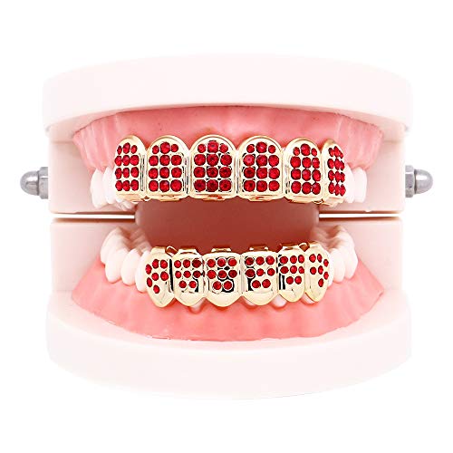 18K Gold Plated Iced Out Cz With Red Blue Pink Diamond Top And Bottom Grills For Your Teeth Men Women Hip Hop Jewelry #TOP1