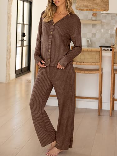 ANRABESS Women's 2 Piece Lounge Pajama Sets Ribbed Long Sleeve Button Top Matching Pants Sleepwear PJ Set 2025 Fall Outfits3
