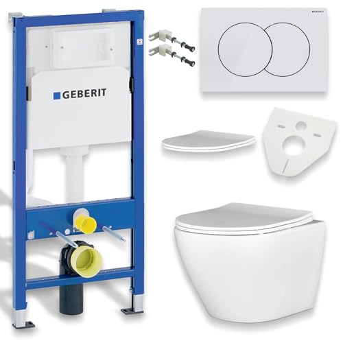 BADLAND WC Set – Geberit Duofix Basic UP100 Vorwandelement + Wand-WC Desna in Weiß + Betätigungsplatte Delta01 Weiß + Slim WC-Sitz mit Soft-Close + Schallschutzmatte