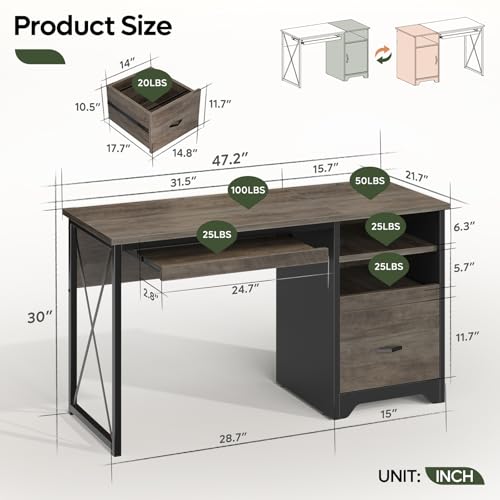 Image of Bestier 47 inch Office Desk with Drawers, Industrial Computer Desk with Drawer, Reversible Teacher Desk with Storage & Keyboard Tray for Small Space Home Office & Studio, Gray Wash | 47 Inch Desktop With File Drawer, Open Storage, Keyboard Tray And Reversible Layout For Small-Space Home Office Use.