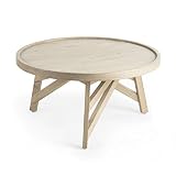 Mesa con tablero redondo de 81 cm de diámetro de madera maciza de mindi con pátina gris que le da un acabado rústico.