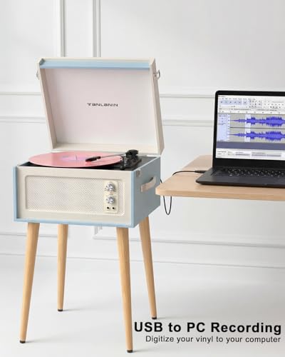 Image of Vintage Standing Blue Vinyl Record Player with Detachable Legs, Built-in 4 Speakers, USB to PC Encoding, 33 /45 /78 RPM LP Player Bluetooth Retro Turntables Support Headphone Jack, RCA Out, AUX in