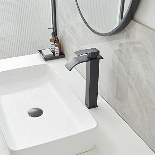 Bathfinesse Vessel Sink Faucet Waterfall Bathroom Faucet Matte Black Stainless Steel Tall Single Handle One Hole Deck Mount Bowl Vanity Sink Faucet With Pop-Up Drain Stopper #TOP3