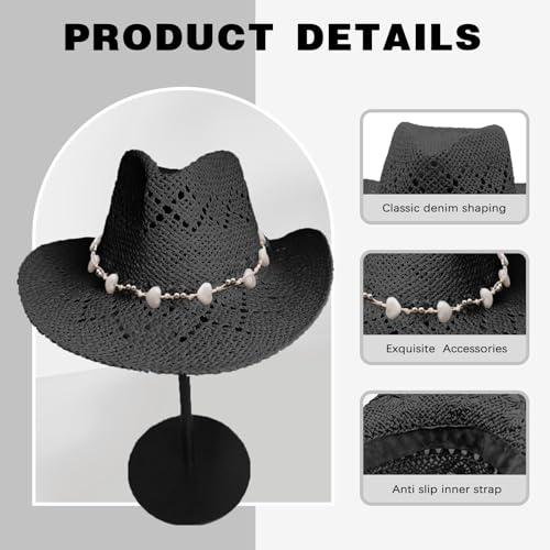 Image of Straw Cowboy Hats for Women Sparkly Western Cowgirl Hat for Holiday Party Foldable Vacation Beach Sun Hat with Wide Brim