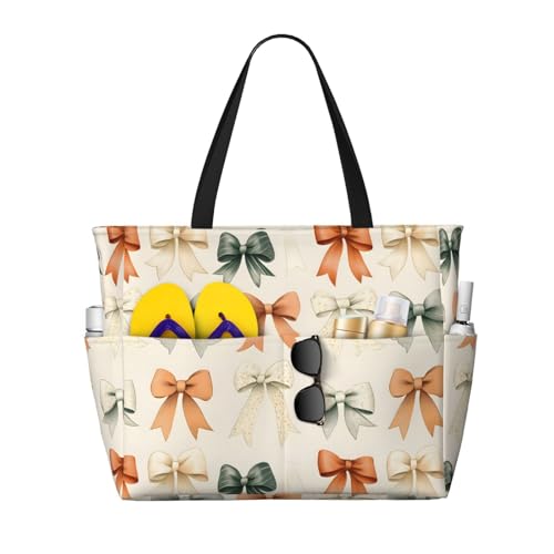 Large Beach Bags for Women Sandproof - Elegant Bow Print Summer Work Travel Tote Bags with Zipper