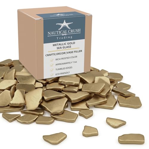 Sea Glass for Crafts – 11oz Metallic Gold Sea Glass Decor, Tumbled Seaglass, Beachglass for Crafts, Seaglass for Beach Accents, Coastal DIY Supply, Nautical Vase Filler