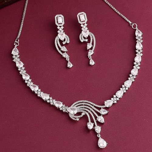 Image of ZENEME Rhodium Plated Silver Toned American Diamond Studded Paisley Necklace With Earrings Jewellery Set For Women & Girls
