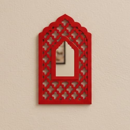 Image of Handcrafted Traditional Red Mughal MDF Wooden Mirror Jharokha Wall Art | Mughal-Inspired Boho Vintage Style Decorative Wall Hanging for Living Room & Home Interiors (Red Mughal)