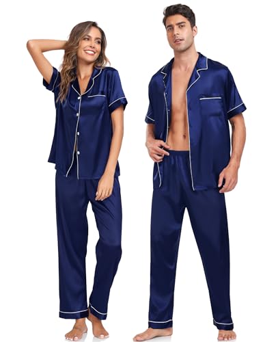 SWOMOG Matching Pajamas Sets for Couples 4 Pcs Silk Satin Pjs Sets Women & Men Button-Down Sleepwear Soft Loungewear4