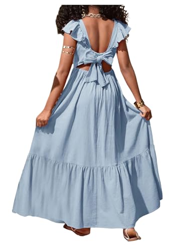 SHENHE Girl's Summer Tie Back Bow Flutter Sleeve Square Neck Ruffle Hem Swing Maxi Dress