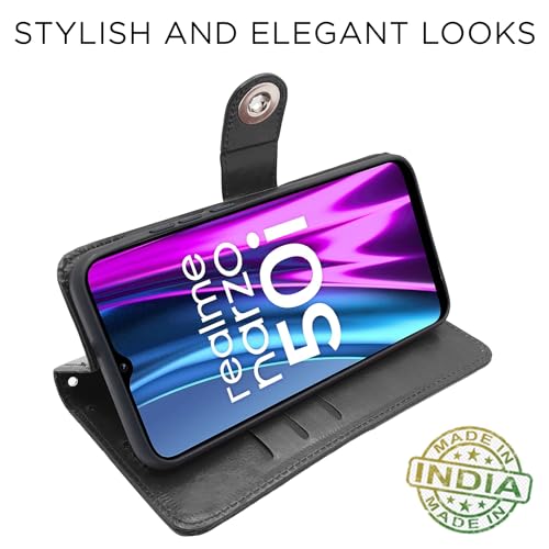 Image of Pikkme Realme Narzo 50i Flip Cover | Genuine PU Leather Finish | Full 360 Protection | Wallet Style | Inbuilt Pockets & Stand | Strong Button Closure Magnetic Flip Case for Realme Narzo 50i (Black)