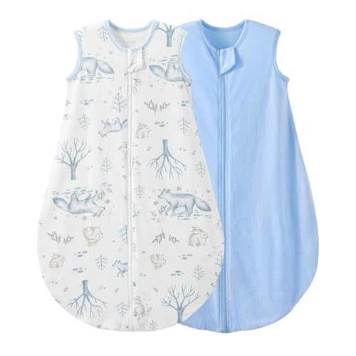 Duomiaomiao Baby Sleeping Bag 2 Pack 0.5 Tog Sleep Sack, Baby Summer Sleeping Bag 100% Cotton Baby Wearable Blanket Unisex Toddler Newborn Sleep Bag 18-36 Months, Bunny&Foxes