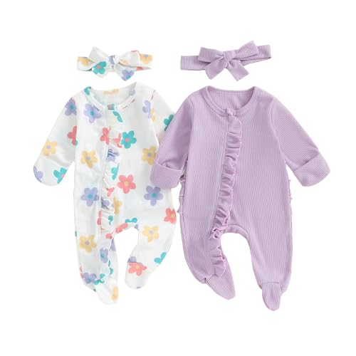 Image of Baby Girl Footies Newborn Zipper Sleeper 2 Pack Ruffle Pajamas Romper Coming Home Outfit
