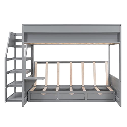 Stairway Bunk Bed Full over Full with Storage Drawers for Kids Teens Adults, Wood Full Size Bunk Bed with Staircase and Full Length Guardrails, Converted into Daybed, No Box Spring Needed, Gray