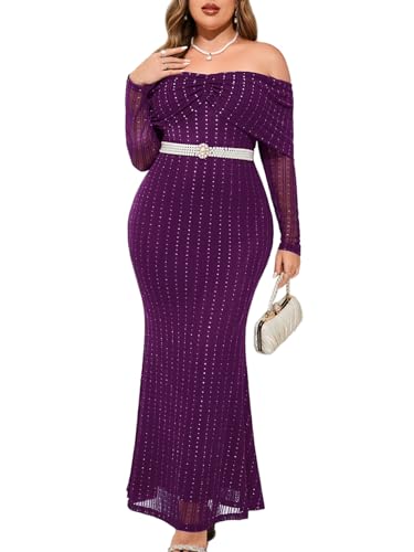 CYCLAMEN Plus Size Off The Shoulder Sparkly Dress Long Sleeve Mermaid Maxi Evening Gown Cocktail Party Wedding Guest