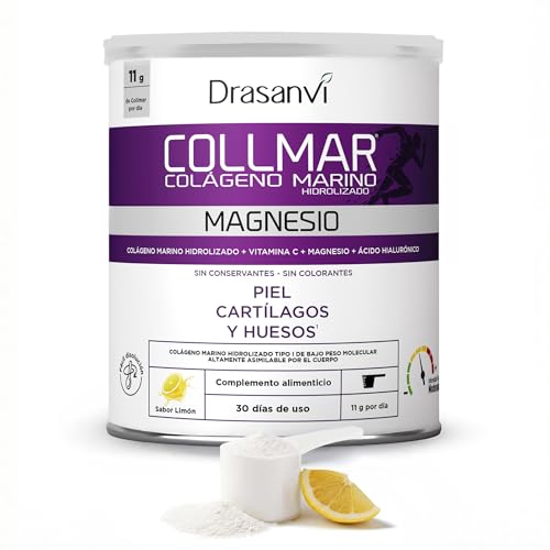 DRASANVI COLAGENO HIDROLIZADO con Ácido Hialurónico, Magnesio y Vitamina C Natural - Huesos, Articulaciones y Piel - Colágeno Marino 9.655 mg/día | 340 GR = 29 días | Sabor Limón