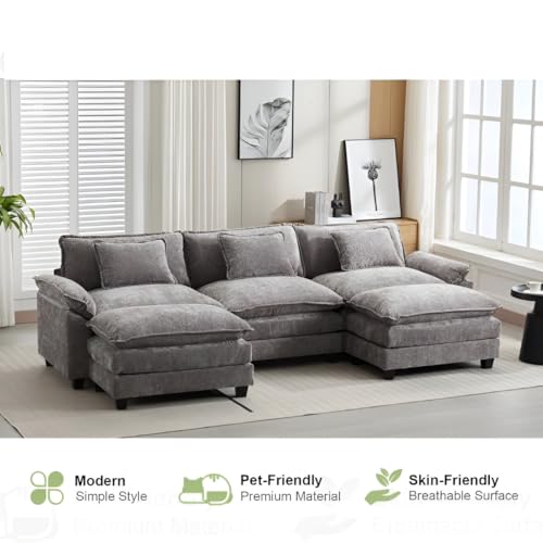 Image of Modern U Shaped Sectional Sofa, Plush Chenille Upholstery, Extra Deep Seats with Throw Pillows for Living Room Office Hotels (Grey)
