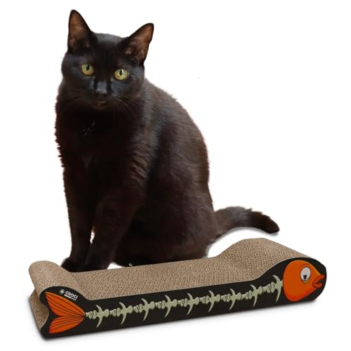 Croci -Tiragraffi per gatti in cartone, 2 strati riversibili, con piedini antiscivolo, inclusa busta di erba gatta, stile Pesce, 44 x 14 x7 cm