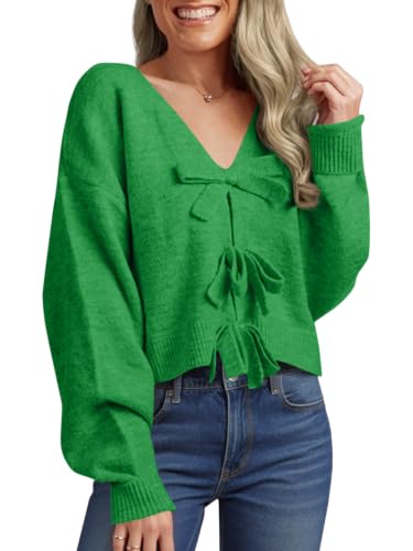 Image of Saodimallsu Womens Bow Sweater Cropped V Neck Long Sleeve Pullover Tops