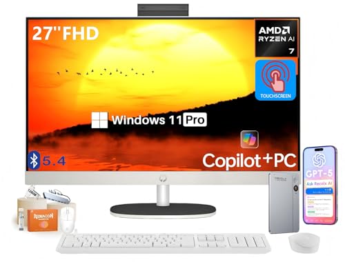 Image of HP 27 Inch All in One Touchscreen Desktop Computer | AMD Ryzen AI 7 350 (Up to 5 GHz) | 64 GB DDR5, 4 TB SSD | FHD IPS Display | Copilot+ PC | Wi-Fi 6 | Windows 11 Pro | w /RECOLX AI Voice Recorder