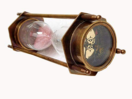 5" Decorative Brass Sand Timer Hourglass With Antique Maritime Brass Compass #TOP1