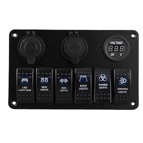 Generic 6 Way LED Car Boat Rocker Switch Panel for Marine Vertical Installation with Voltmeter for 12V 24V Systems Aluminum Black 6 Gang LED Switch Panel