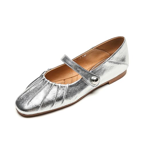 Womens Genuine Leather Mary Jane Shoes, Closed Round Toe Low Heel Flats with Buckle Straps Work Casual Dressy Slip On Shoes