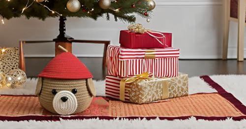 Image of Multi-Purpose Cute Jute Basket with Lid Storage Baskets for Bathroom Living Room & Kitchen Organiser Box Vanity Box First aid Box (Pack of 1) 25x20cm Beige & Red