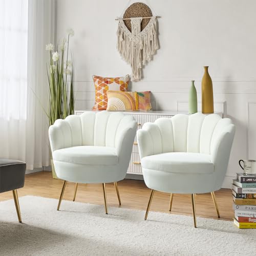 Image of HULALA HOME Modern Velvet Accent Chairs Set of 2 with Shell Shaped Back, Cute Living Room Bedroom Armchairs Sofa Chairs with Gold Legs, Comfy Upholstered Vanity Chairs for Makeup Room, Ivory