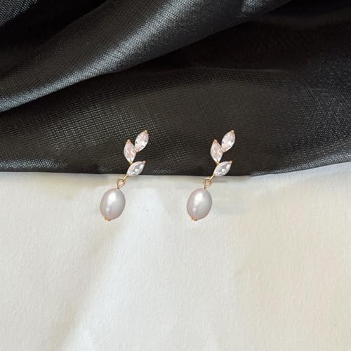6 Pairs Dainty Pearl Earrings for Women,Gold Pearl Drop Stud Earrings,Bridesmaid Earring,Freshwater CZ Leaf Dangle Drop Earring,Elegant Oval PearlStuds for Wedding,Jewelry Gifts for Women4