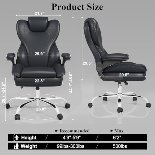Office Desk Chair, Executive Leather Office Chair, High Back Ergonomic Home Desk Chair with Padded Flip-up Arms, Big and Tall Computer Chair with Rocking Function, 360°Swivel Free, Black - Image 4