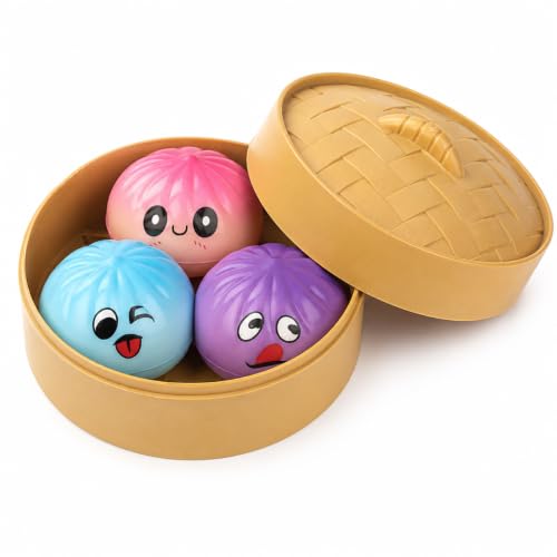 3 Pack Mini Bao Bun Squishy Toys for Adults, 2 Inch Cute Kawaii Dumpling Stress Relief Squeeze Toys, Random Colors and Funny Faces, Soft Fidget Desk Toys for Office, Work, Study, Coworker Gifts