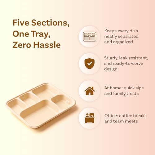 Image of Disposable Paper Plates 5 Compartment Meal Tray Pack of 25 | Eco Friendly Disposable Food Tray | Home Use, Party, Picnic, Restaurant & Catering Use | Leak Proof & Heavy Duty
