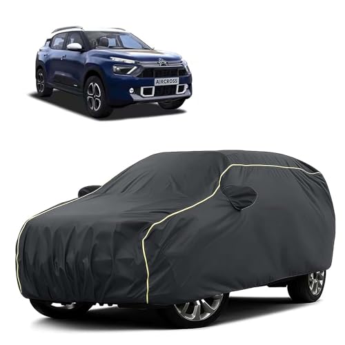 Image of Sulfar 100% Water Resistant Car Body Cover Compatible with Mirror for CITROEN AIRCROSS (Triple Stitched, Full Bottom Elastic, Dark Grey Tafetta with Yellow Piping)