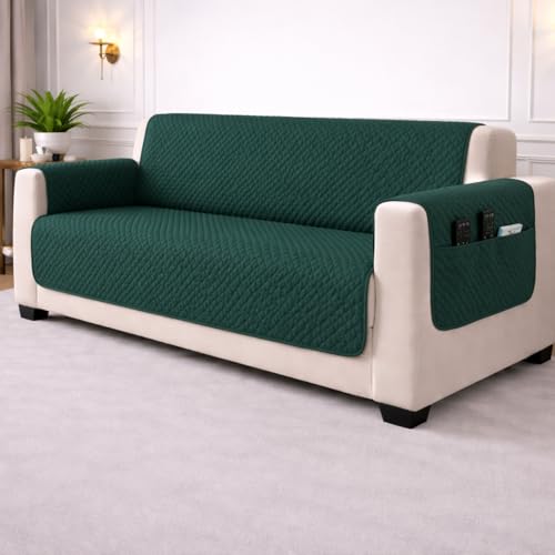 Image of STITCHNEST 'Airsoft Range Series' Solid Quilted Velvet Sofa Cover for 3 Seater | Premium Soft Velvet Sofa Protector | Green Diamond Quilted Design with Armrest Pockets | Furniture Cover