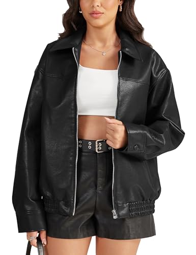 Fengbay Faux Leather Jacket Women Oversized Bomber Motorcycle Y2K Moto Biker Racer Jackets Coat with Pockets