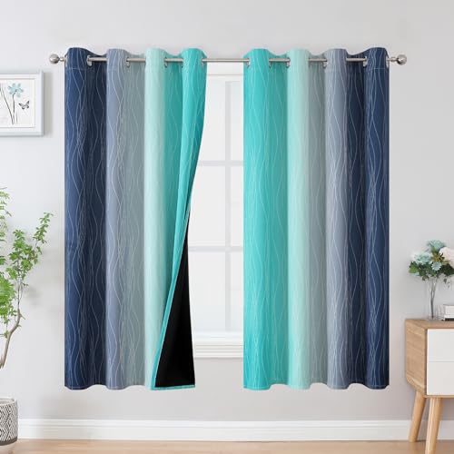 Estelar Textiler Navy Blue and Teal Blackout Curtains 63 Inch Length 2 Panels Set, Full Room Darkening Grommet Ombre Curtains for Bedroom, Thermal Insulated Light Blocking Gradient Drapes,52Wx63L