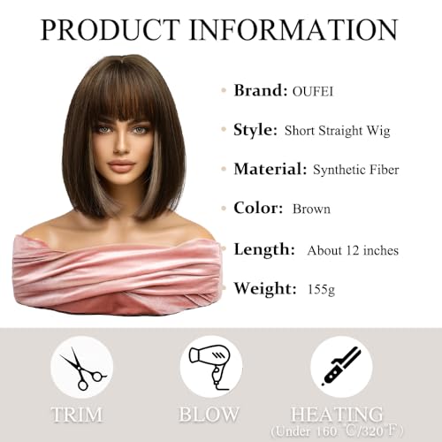 OUFEI Brown Bob with Highlight Inside Wig With Bangs Short Straight Wig For Women Synthetic Hair Wigs for Daily Party Cosplay Wear - Image 2