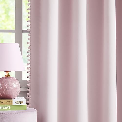 Pink Blackout-Curtains for Bedroom Pom Pom Thermal Insulated 100% Full Blackout Curtain Panels for Girls Baby Nursery Room 84 inch Energy Efficient Window Drapes for Kids 50" w x2 Panels Rod Pocket