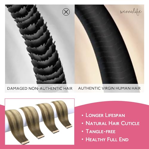 Image of WENNALIFE Tape in Hair Extensions Human Hair Ombre Walnut Brown to Ash Brown and Bleach Blonde Tape in Extensions, 10pcs 20g 10 inch Remy Invisible Tape Ins Straight Real Human Hair Tape in Extensions